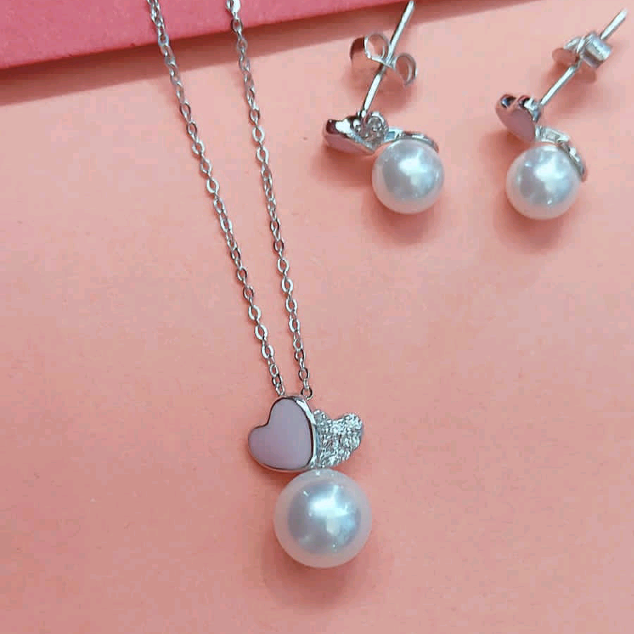 Sterling Silver Pearl Pendant with Dainty Pink Heart Pendant Set 